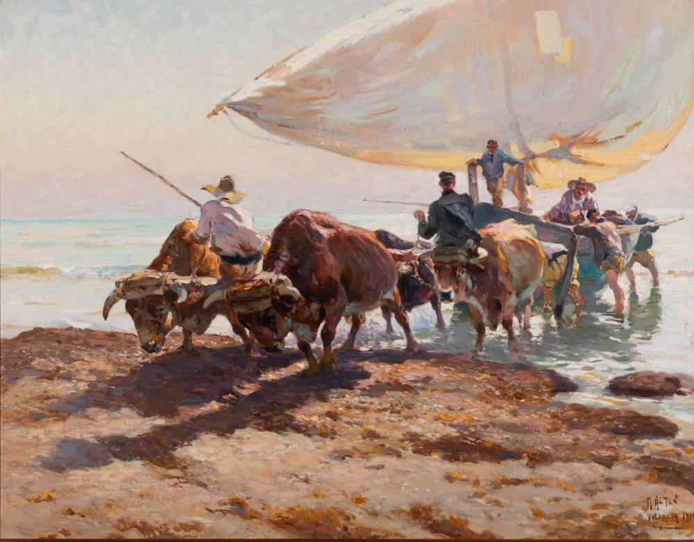 Oil on canvas painting of oxen assisting fisherman by pulling a boat with a large white sail. Multiple fisherman are also wokring near or on the boat, one man stands near the front two oxen.